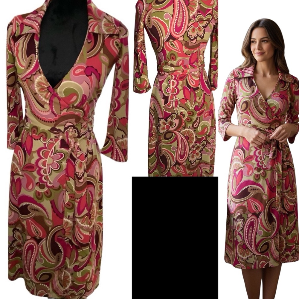 RUBY SIZE 2 RETRO‎ VINTAGE WRAP AROUND MIDI Long Sleeve DRESS. Y2K,hippie - Picture 16 of 16